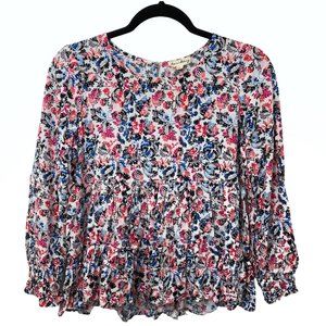 Jane & Delancey Pink Blue Floral Scoop Neck Long Sleeve Tiered Peplum Top S